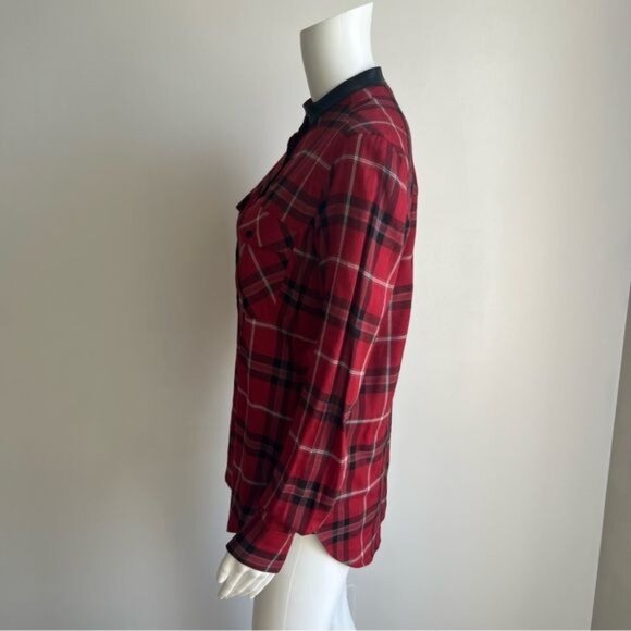 Vince Leather Trim Plaid Long Sleeve Button Down Shirt - 4 - Picture 3 of 8